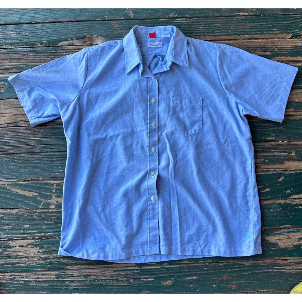 Lady Edwards Blue Oxford Button Down Short Sleeve Shirt Made in USA Size 16